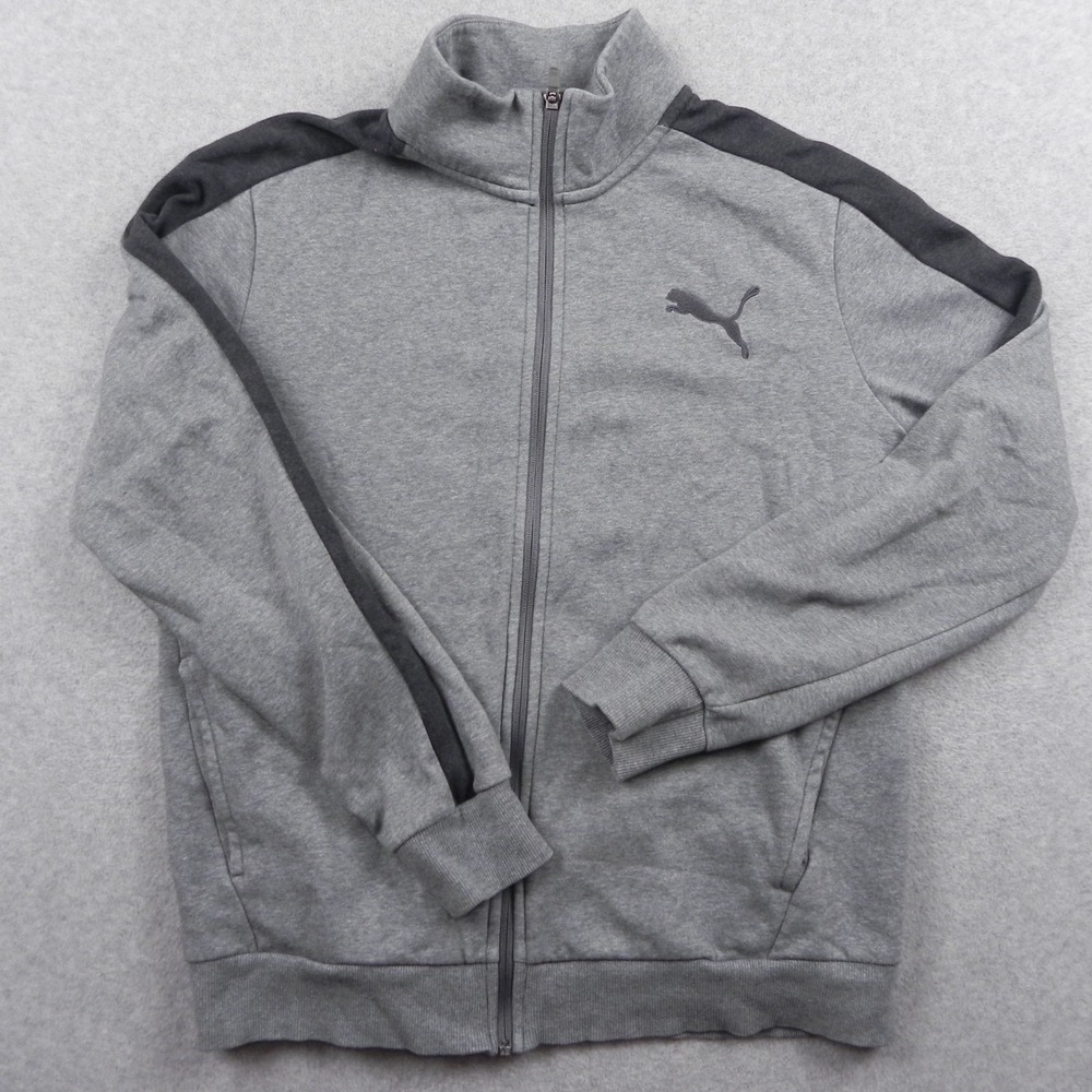Puma Jacket Mens Large Full Zip Activewear Knit Mock Neck Logo Gray Long Sleeve